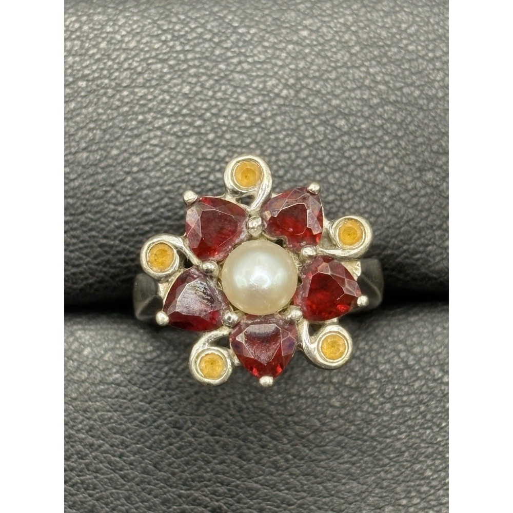 Vintage Sterling Silver Garnet Pearl Ring 5.8 Grams Size 7 H18